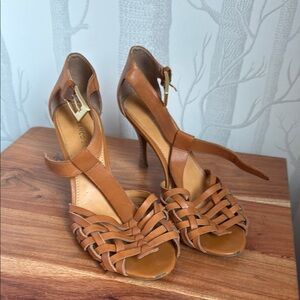 Franco Sarto Tan Heeled Shoes with Intricate Design